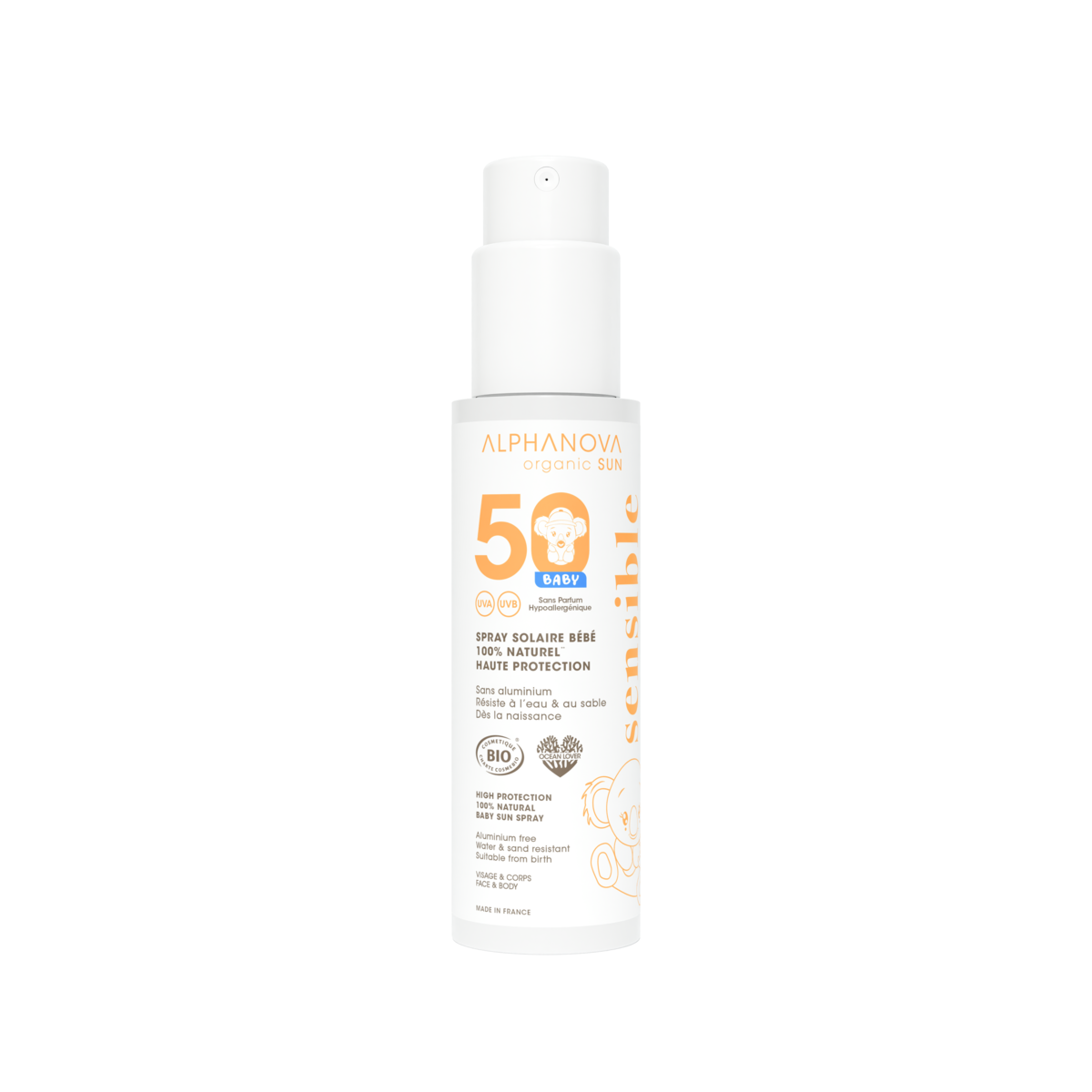 spray solaire bébé bio Alphanova SPF50 protection maximale peau enfant - Etoiles en portage
