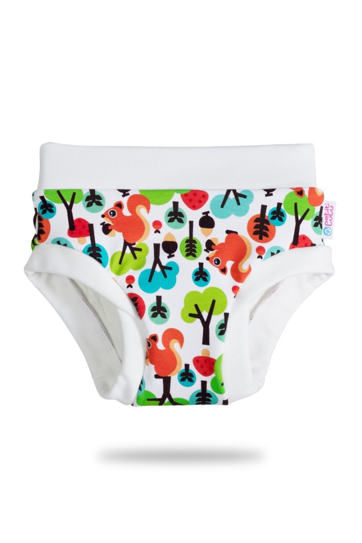Culotte apprentissage propreté PETIT LULU Squirrels : en coton bio, douce, lavable et écologique, pour accompagner bébé vers la propreté. Livraison en Suisse - Etoiles en portage