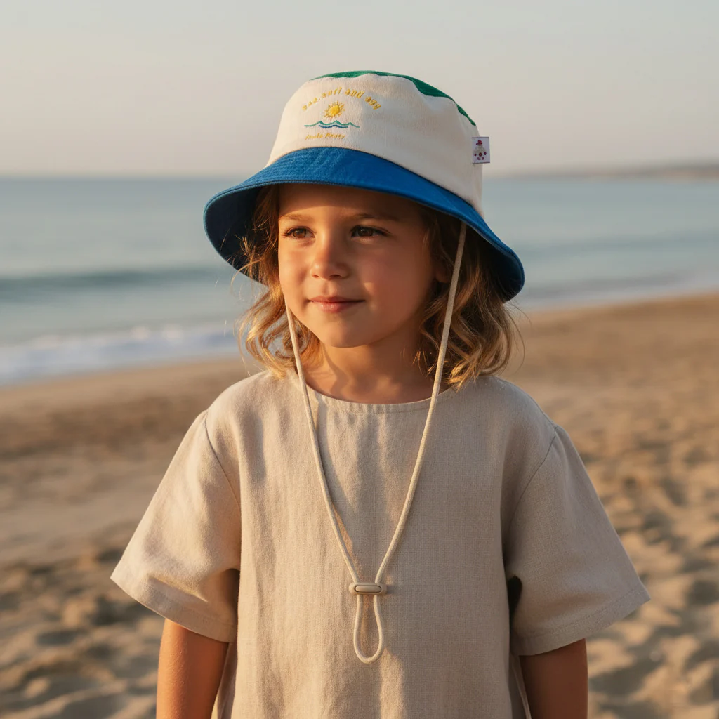 Bob soleil enfant POULE PARTY Sea Surf and Sun protection solaire, coton recyclé, marque engagée - Etoiles en portage Suisse