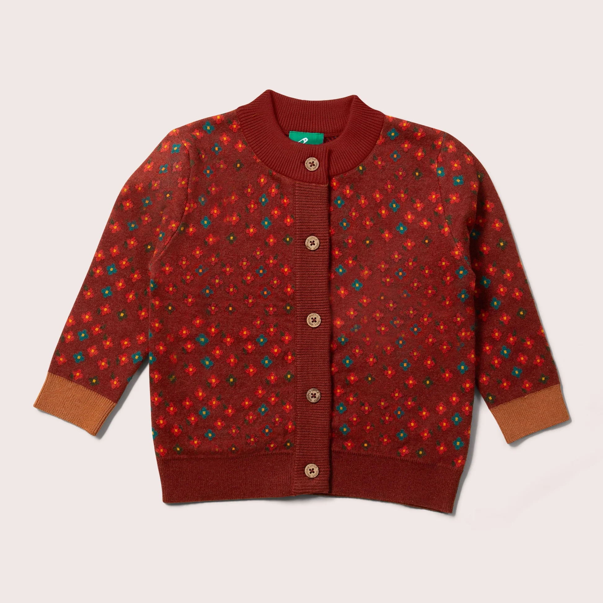 Cardigan tricoté coton bio Little Green Radicals Flowers certifié GOTS et Fairtrade - Etoile en portage