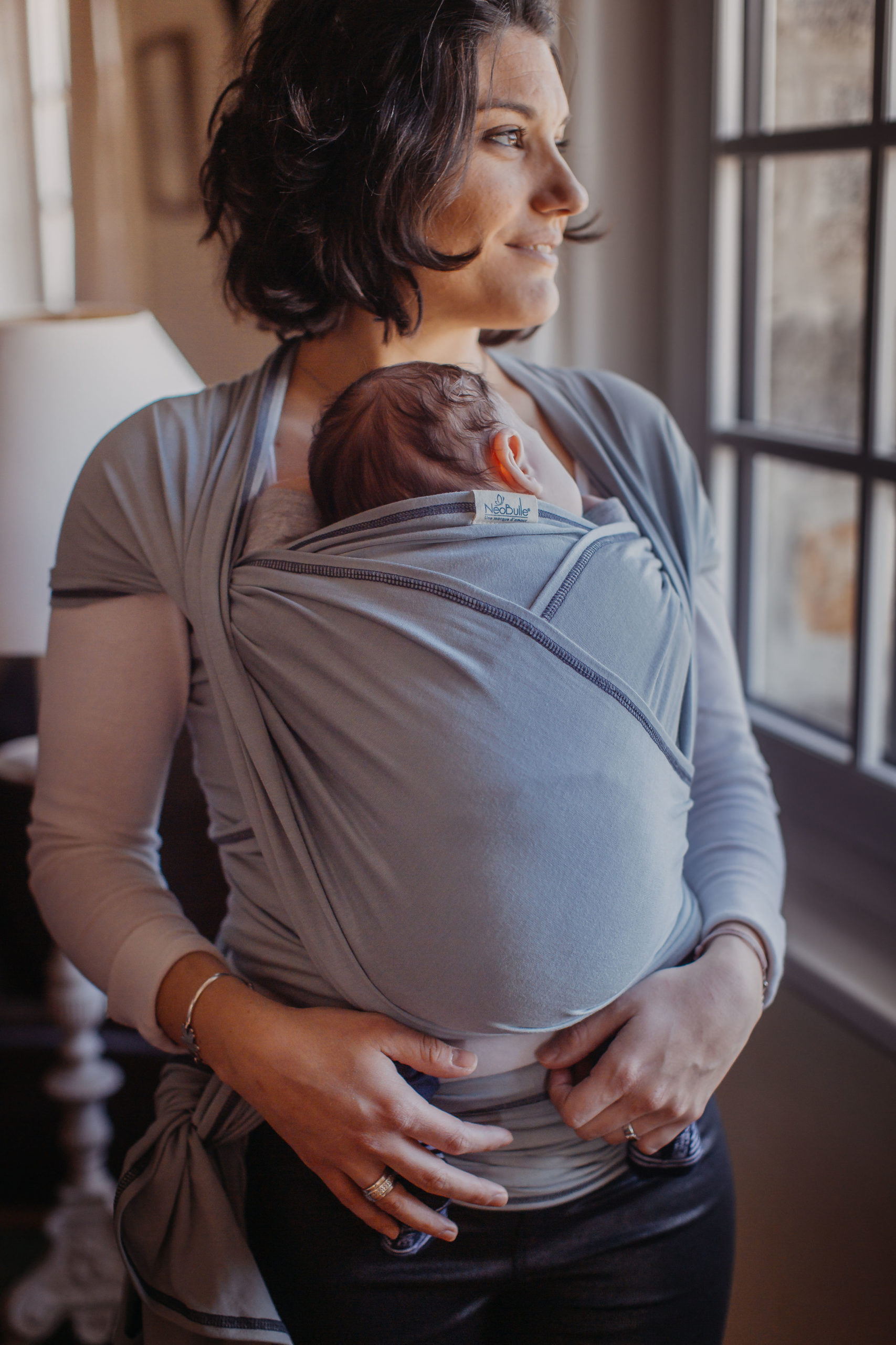 Echarpe tricotée extensible My Cocon Neobulle Amande, portage physiologique dès la naissance - Etoiles en portage
