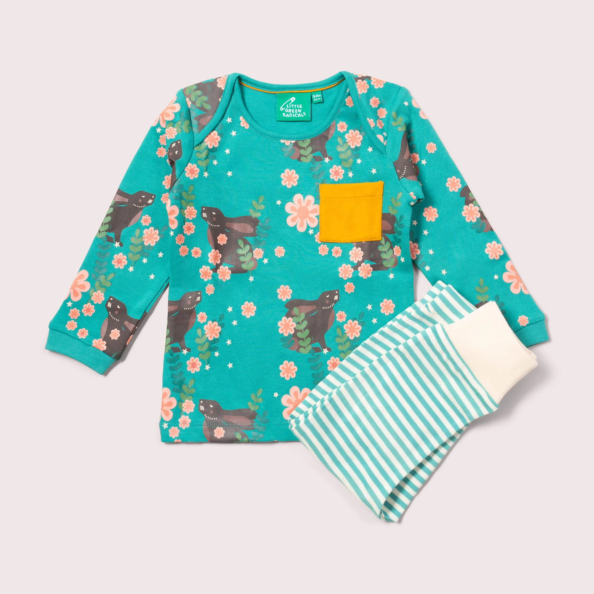 ensemble t-shirt & jogger Little Green Radicals Rabbits, coton bio GOTS – Étoiles en portage Genève