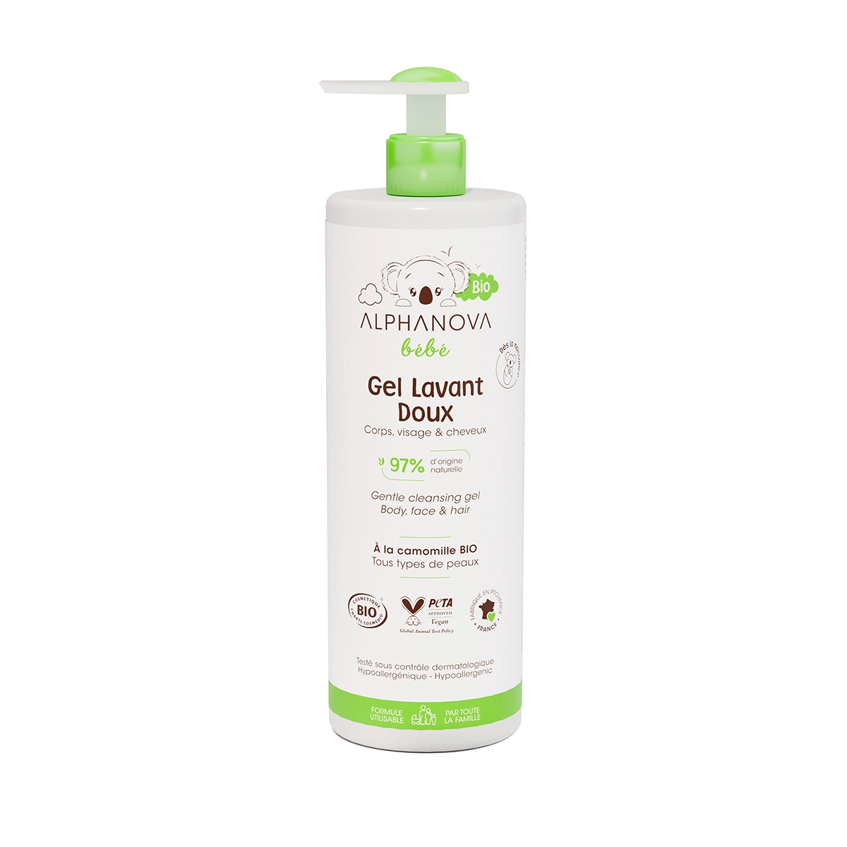 Gel lavant doux ALPHANOVA certifié bio, soins bio bébé, 400 ml - Etoiles en portage