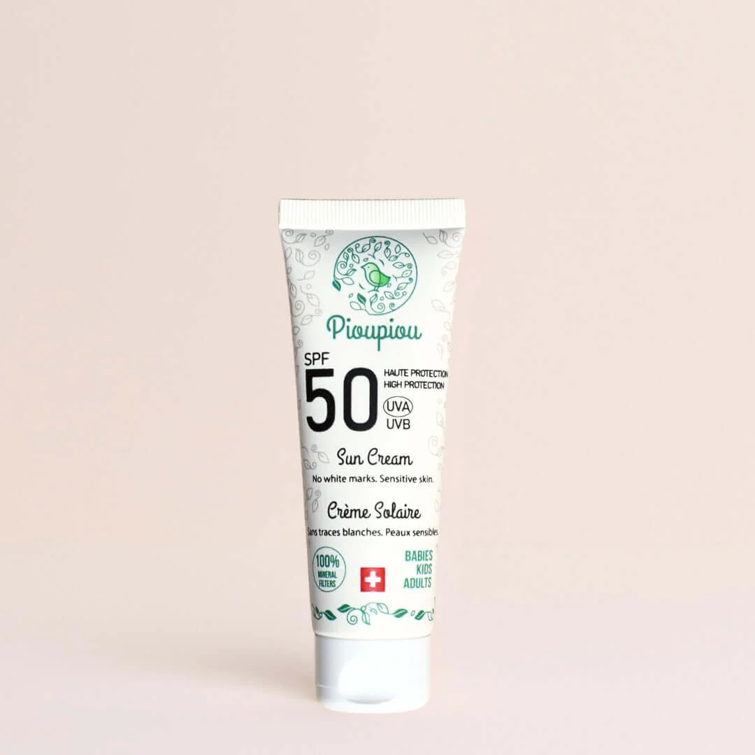 Crème solaire SPF50 minérale Pioupiou: certifiée bio, 100% filtres minéraux non-nano, sans traces blanches, résistante à l'eau. Dès la naissance - Etoiles en portage