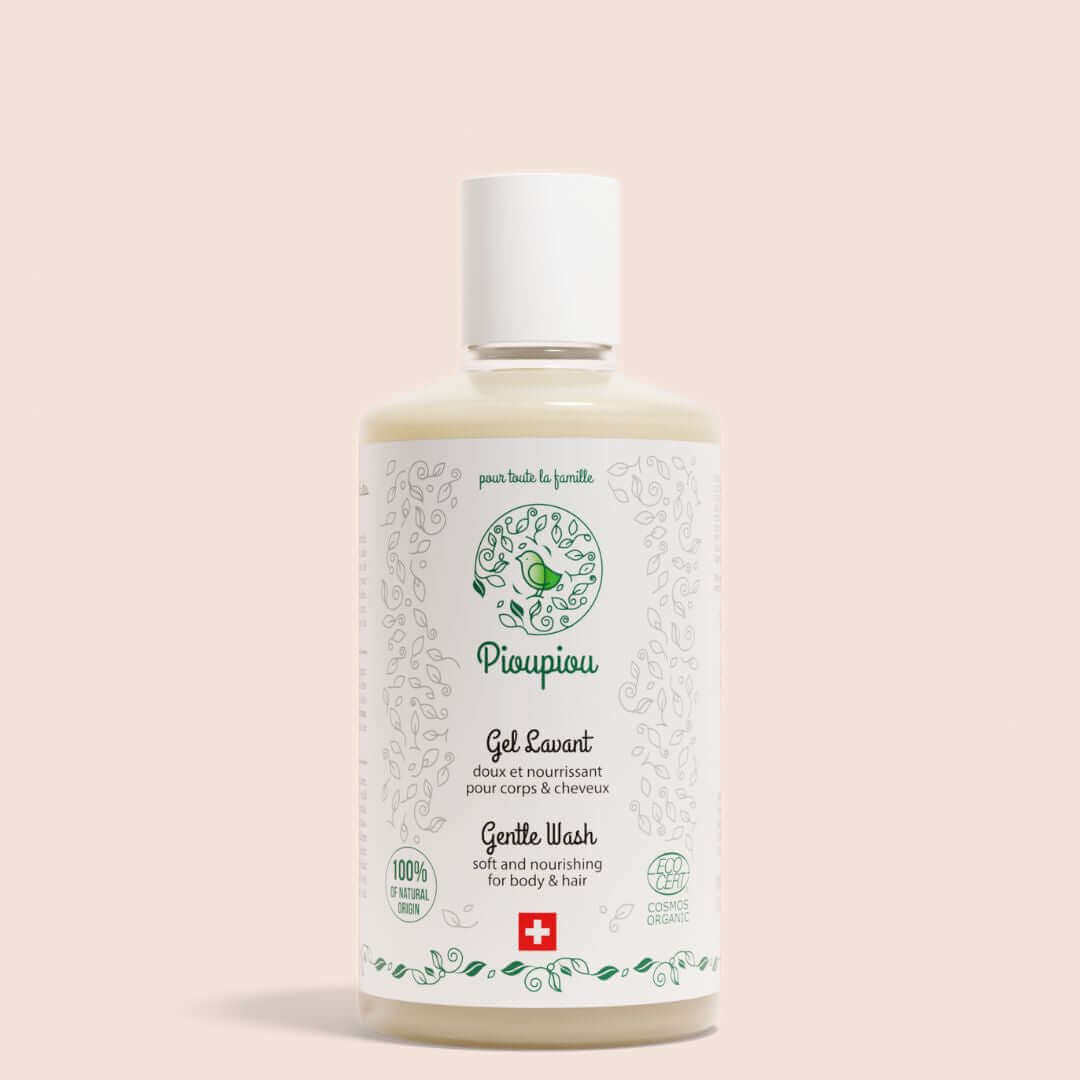 Gel lavant doux bébé bio PIOUPIOU COSMETICS 3-en-1 corps cheveux enfant et famille, grossesse - Etoiles en portage
