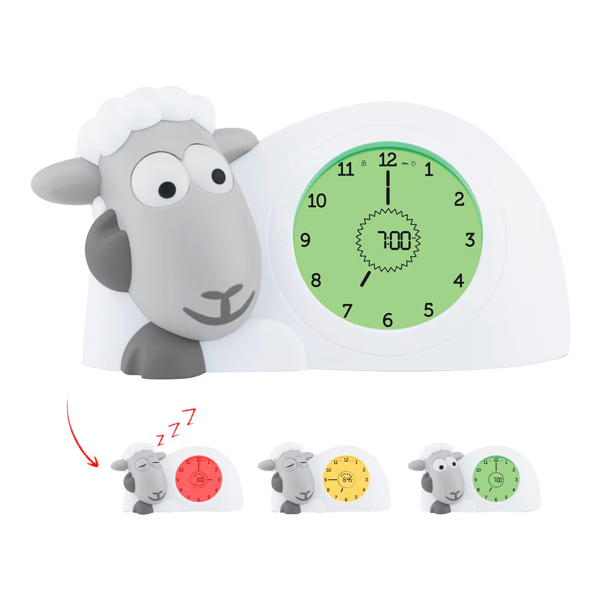 Réveil veilleuse ZAZU Sam Taupe le mouton sleeptrainer enfant ludique, horloge analogique et digitale - Etoiles en portage, livraison en Suisse