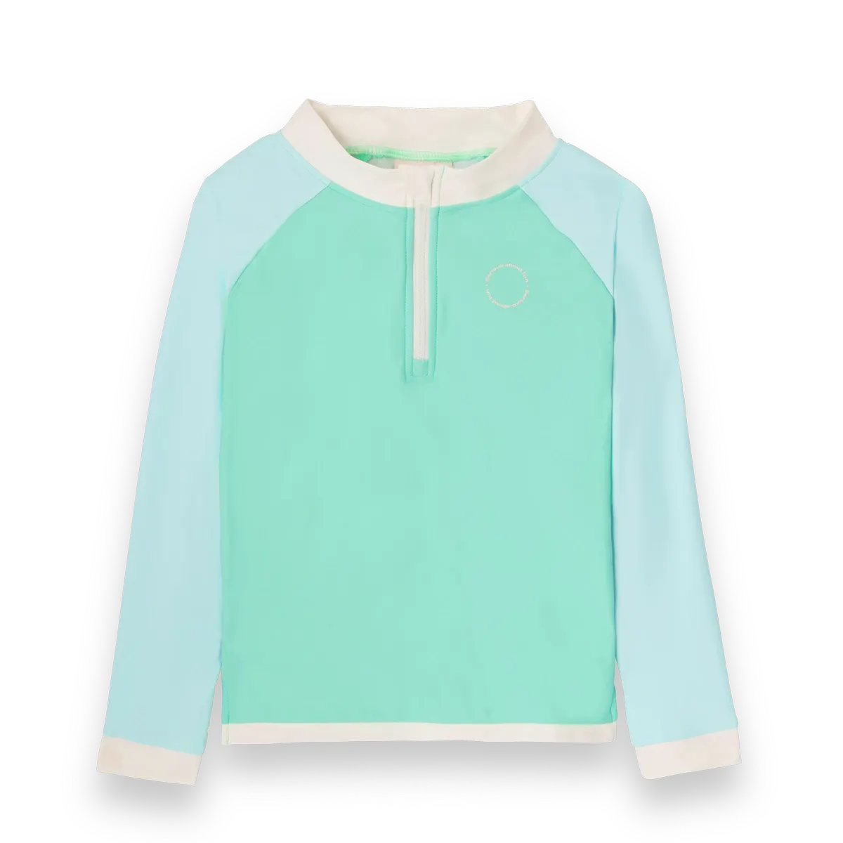 T-shirt anti-UV KI ET LA Vert Bleu, certifié OEKO-TEX et GRS. Capteur UV, zip col, tissu recycle. Tailles 2-4 ans. Livraison en Suisse - Etoiles en portage