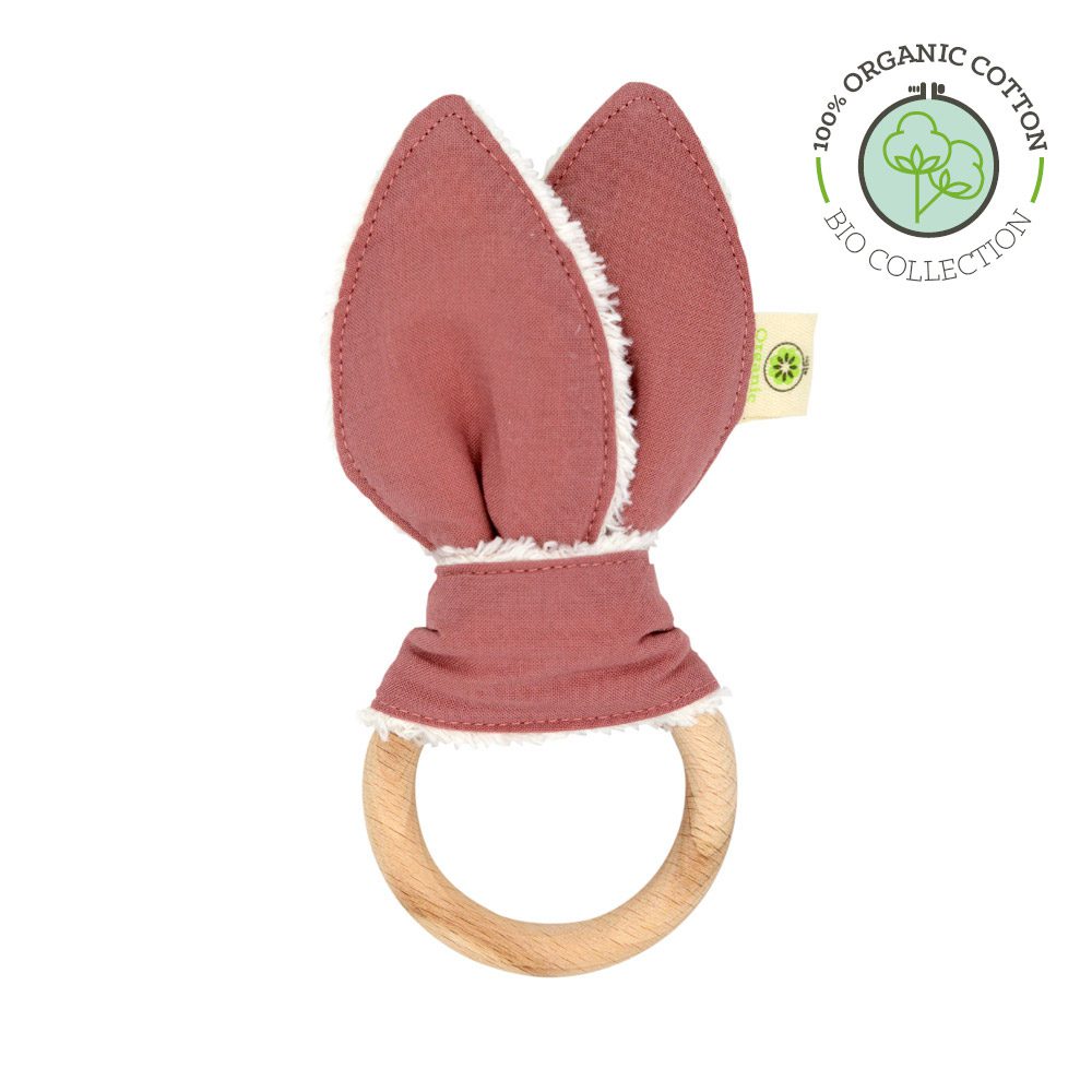 Anneau dentition APUNT BARCELONA Rose en bois de hêtre et coton bio GOTS. Fabriqué en Espagne. Dès la naissance. Livraison en Suisse