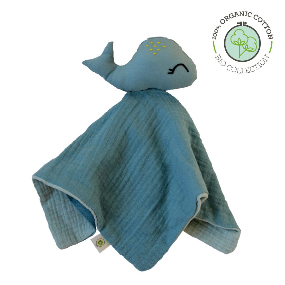Doudou Baleine coton bio APUNT BARCELONA certifié GOTS, rembourrage en fibre de maïs, fabriqué en Espagne. Dès la naissance - Etoiles en portage