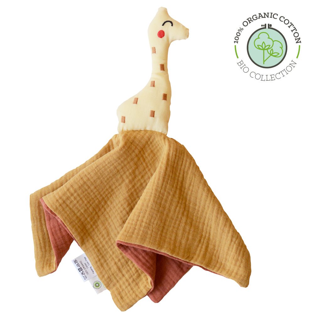 Doudou Girafe coton bio aPunt Barcelona certifié GOTS, rembourrage en fibre de maïs, fabriqué en Espagne. Dès la naissance. Livraison Suisse - Etoiles en portage