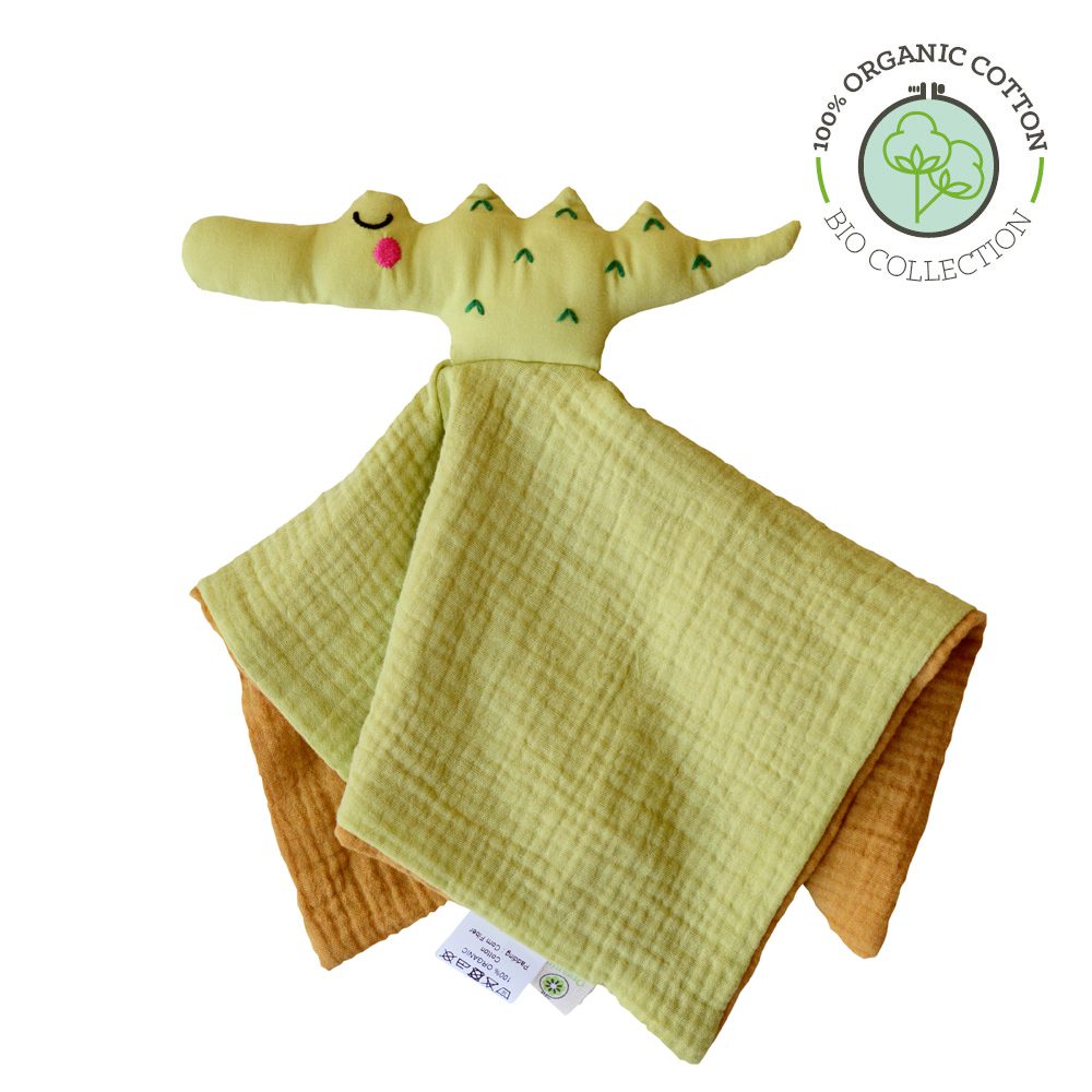 Doudou Crocodile coton bio APUNT BARCELONA certifié GOTS, rembourrage en fibre de maïs, fabriqué en Espagne. Dès la naissance - Etoiles en portage