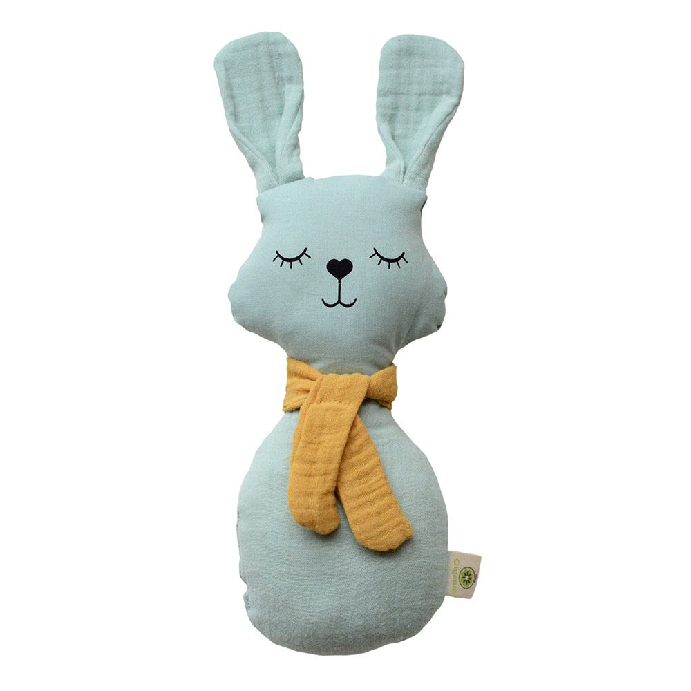 Hochet Lapin coton bio aPunt Barcelona : certifié GOTS avec grelot intégré. Fibre de maïs, fabrication espagnole. Jouet d'éveil dès la naissance - Etoiles en portage