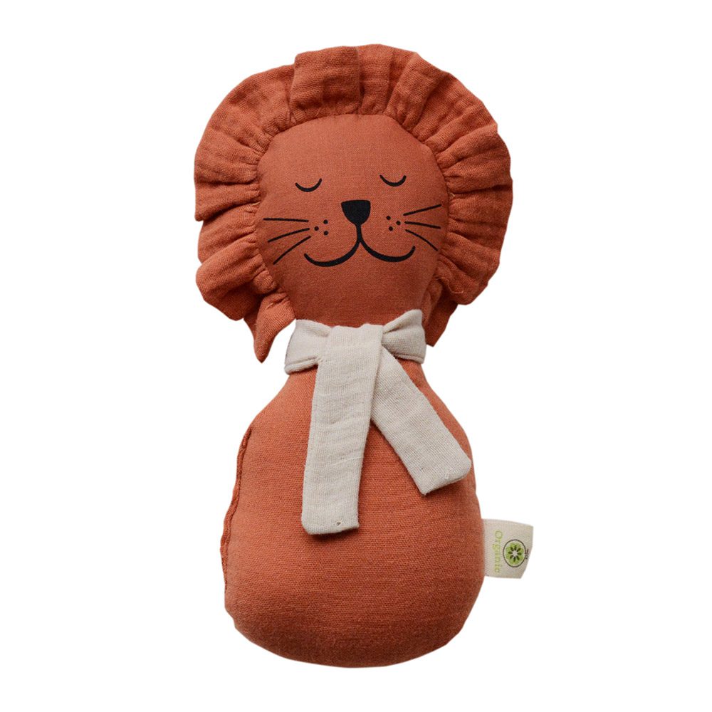 Hochet Lion coton bio aPunt Barcelona : certifié GOTS avec grelot intégré. Fibre de maïs, fabrication espagnole. Jouet d'éveil dès la naissance - Etoiles en portage