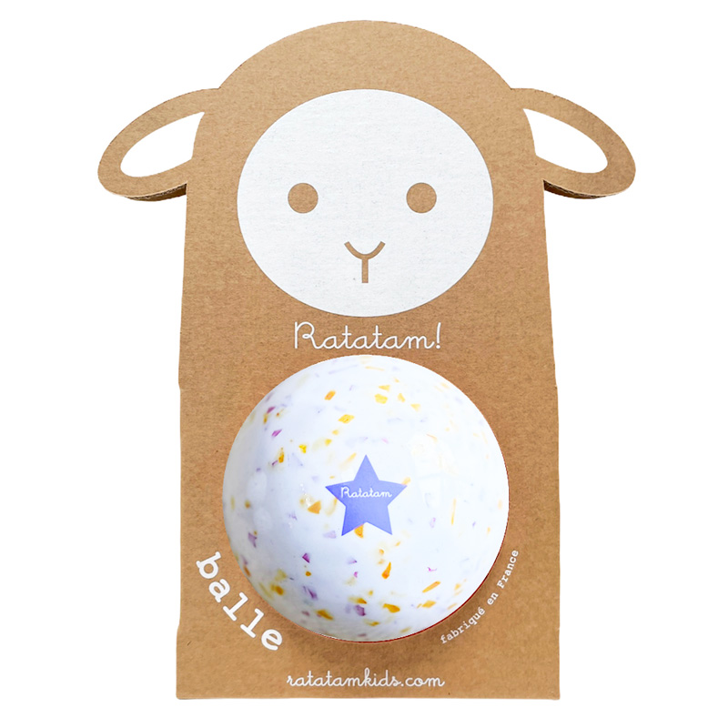 Ballon enfant RATATAM Mouton Confetti 10cm, fabriqué en France à partir de chutes de ballons recyclées. Une petite balle facile à manipuler - Etoiles en portage