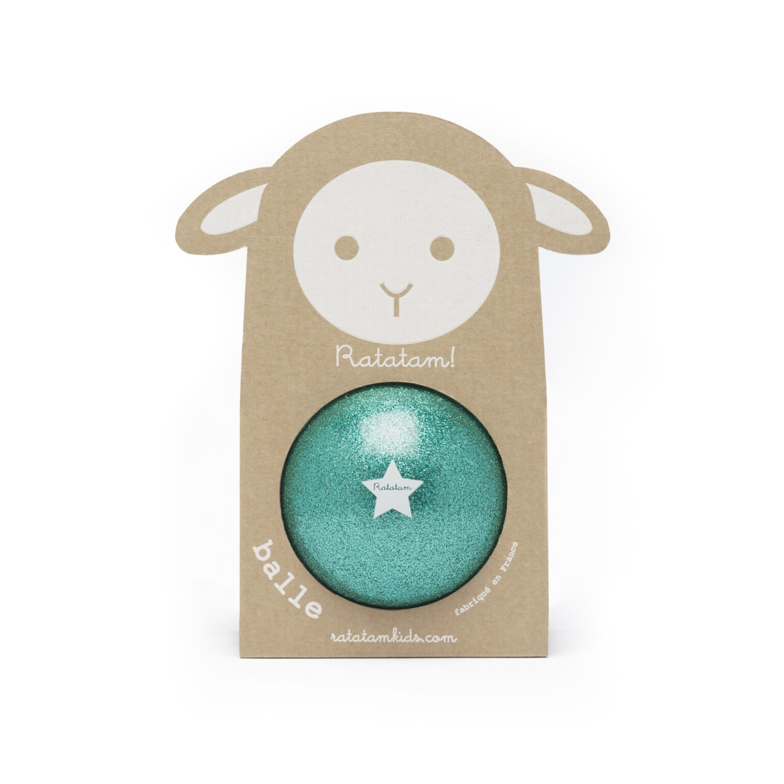 Ballon enfant RATATAM Mouton Vert 10cm fabriqué artisanalement en France. Une petite balle légère et facile à manipuler, en PVC sans phtalates - Etoiles en portage