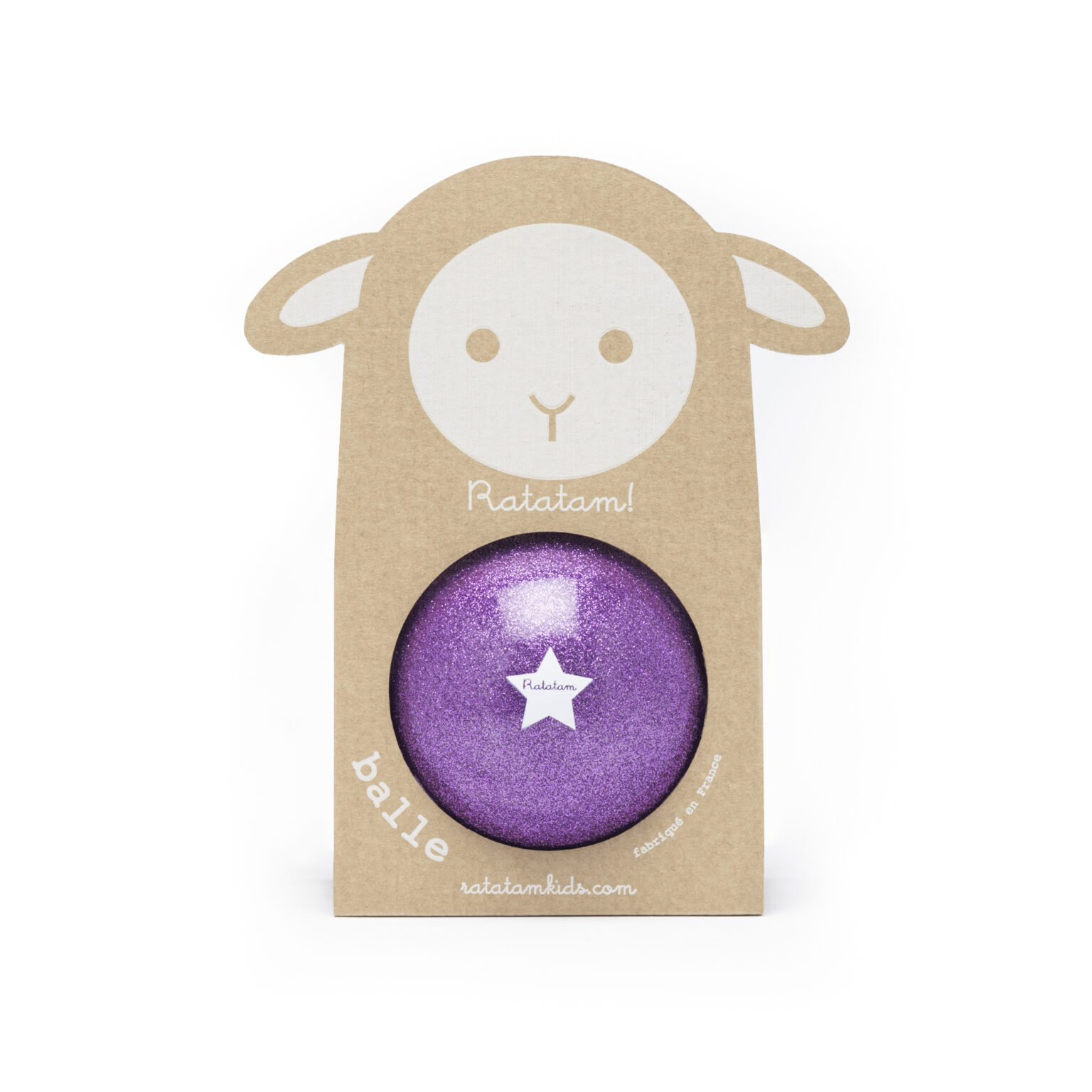 Ballon enfant RATATAM Mouton Violet 10cm, fabriqué artisanalement en France. Petite balle légère et facile à manipuler, en PVC sans phtalates, découverte sensorielle, stimulation motricité - Etoiles en portage