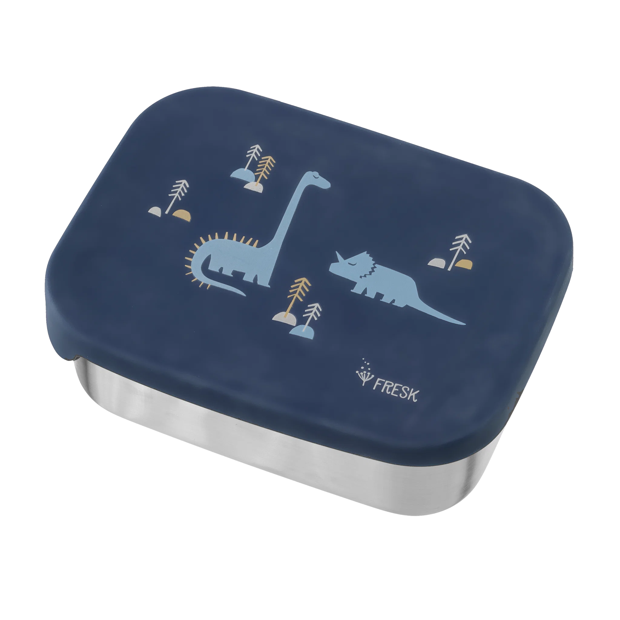 Boîte à goûter enfant FRESK Dino en inox avec deux compartiments. Une boîte repas durable pour accompagner les enfants à l'école et en sortie - Etoiles en portage