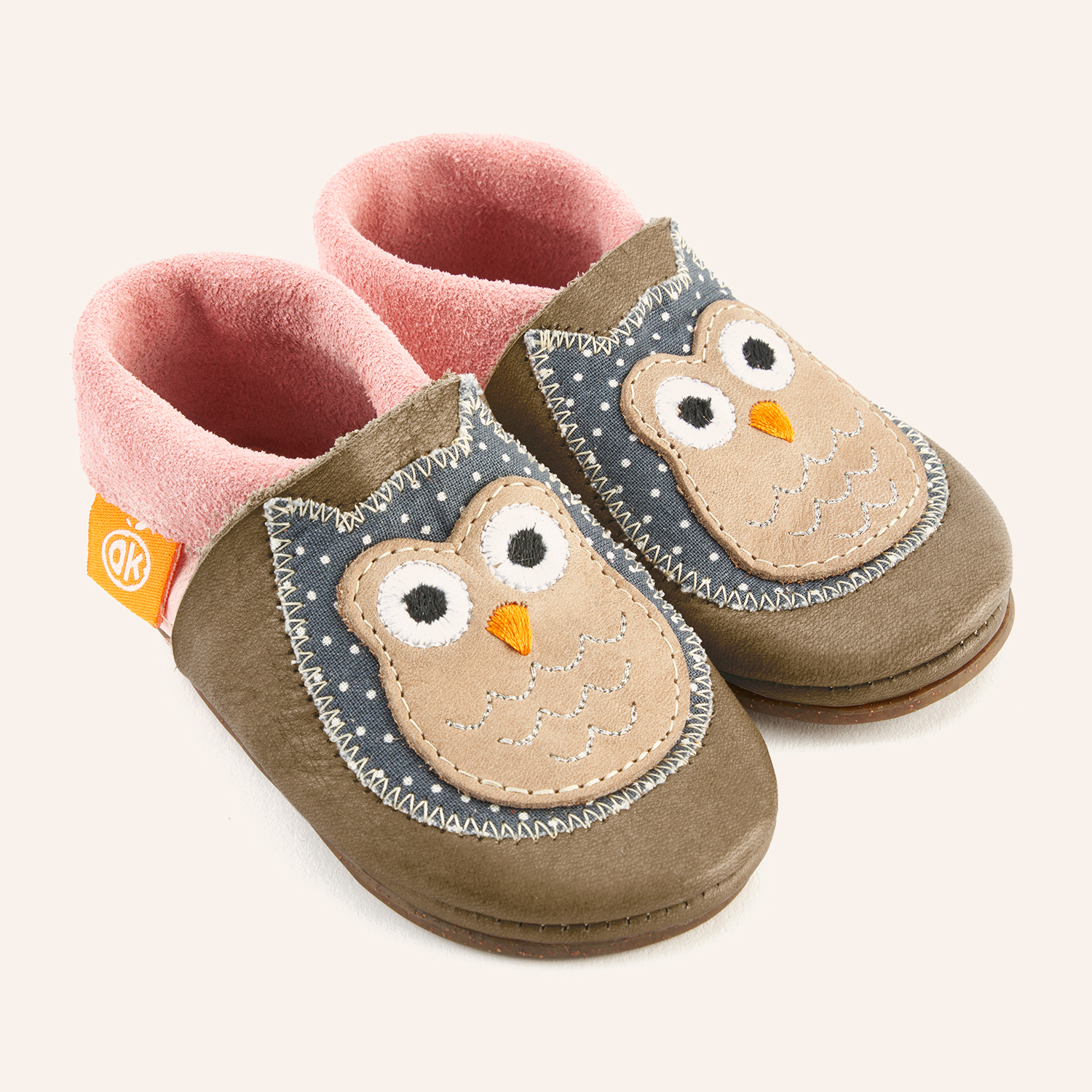 Chaussons barefoot ORANGENKINDER Amigo Hibou cuir naturel, tanné végétal et sans chrome, semelle en caoutchouc pour crèche et école - Etoiles en portage