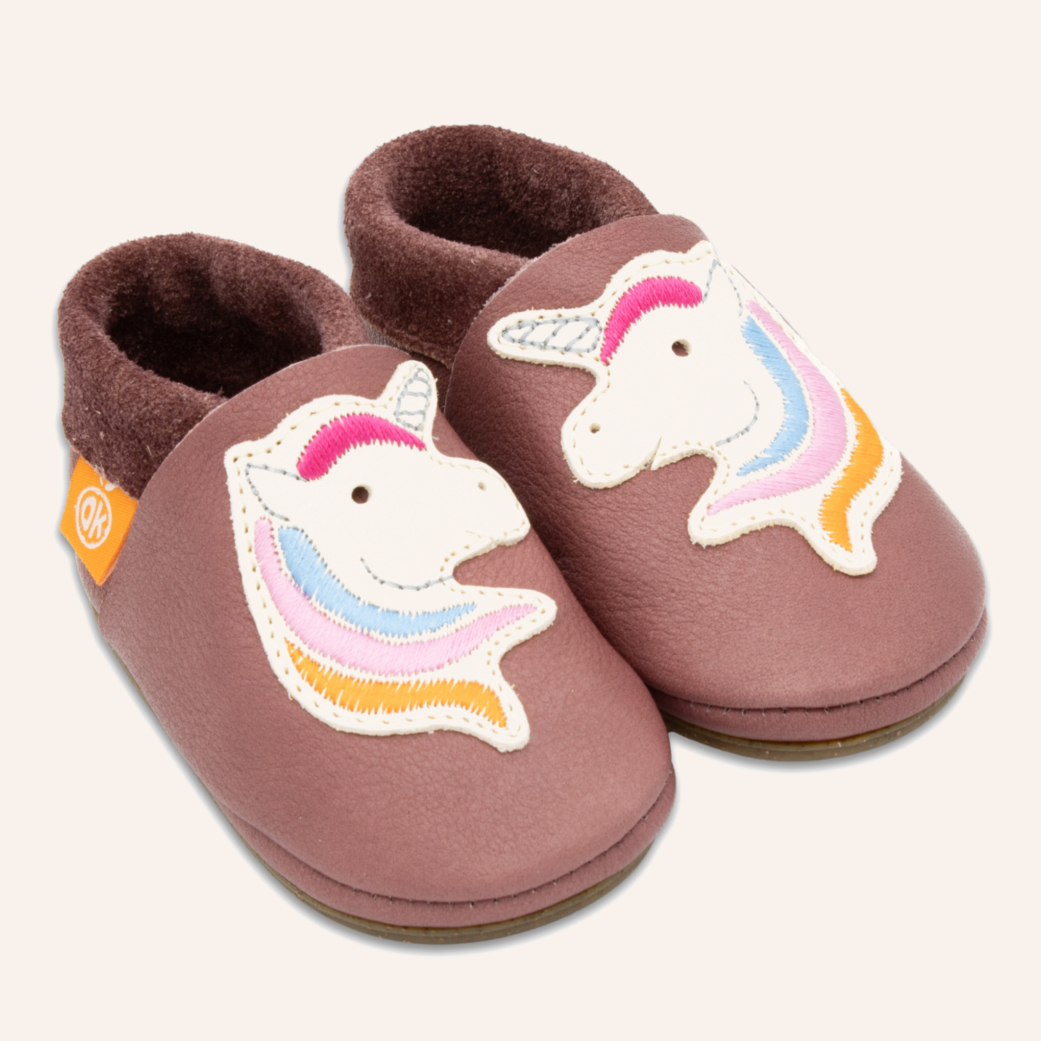 Chaussons barefoot ORANGENKINDER Amigo Licorne cuir naturel et semelle souple de 3 mm. Idéals pour la crèche, maternelle et école - Etoiles en portage