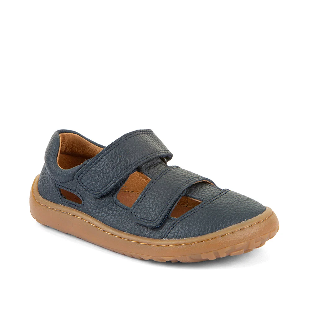Sandales barefoot FRODDO Sandal Dark Blue : forme naturelle, une semelle souple, du cuir hydrofuge et deux scratchs faciles à utiliser - Etoiles en portage
