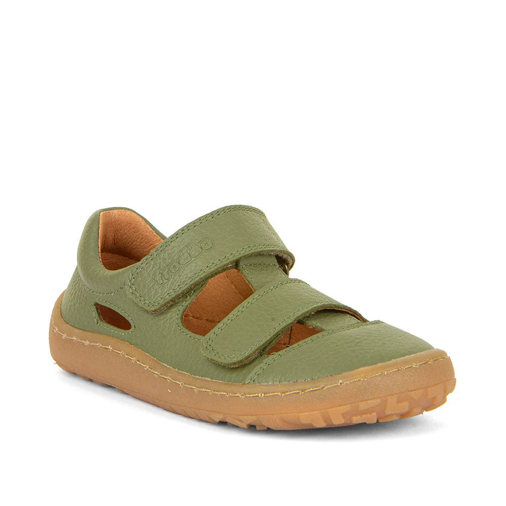Sandales barefoot FRODDO Sandal Olive : Semelle souple et plate, deux scratchs et forme respectueuse des pieds des enfants - Etoiles en portage