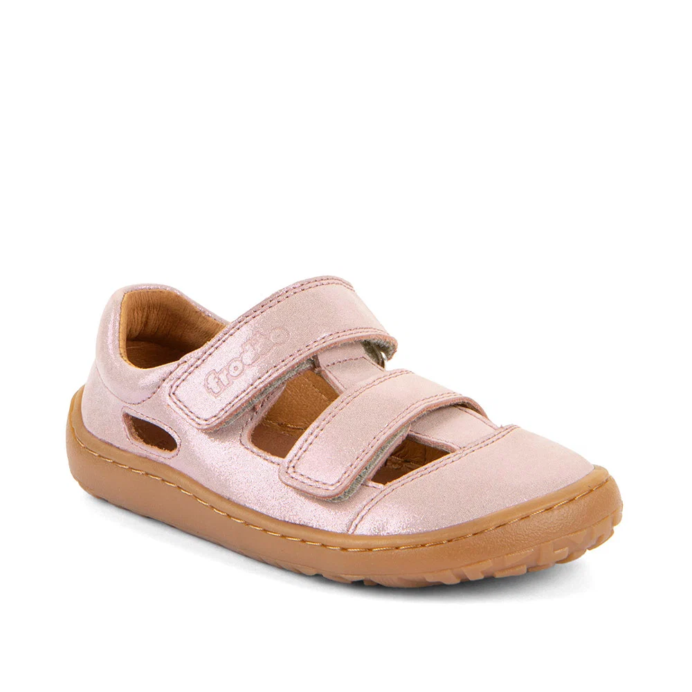 Sandales barefoot FRODDO Sandal Pink Shine : cuir hydrofuge. Rose brillant, semelle souple et deux scratchs faciles à ajuster pour les enfants - Etoiles en portage