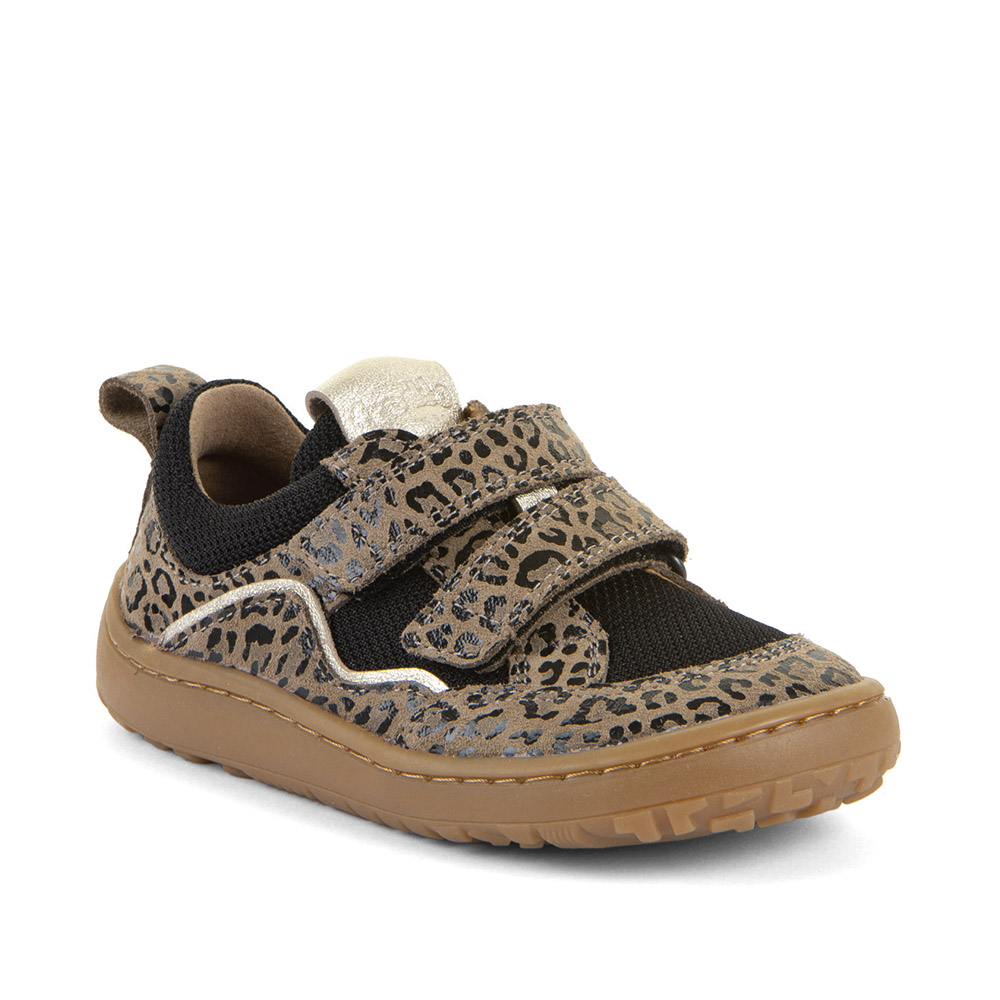 Baskets barefoot Froddo Baze Leopard : baskets barefoot enfant en cuir et textile déperlants, semelle flexible zéro drop et deux scratchs - Etoiles en portage