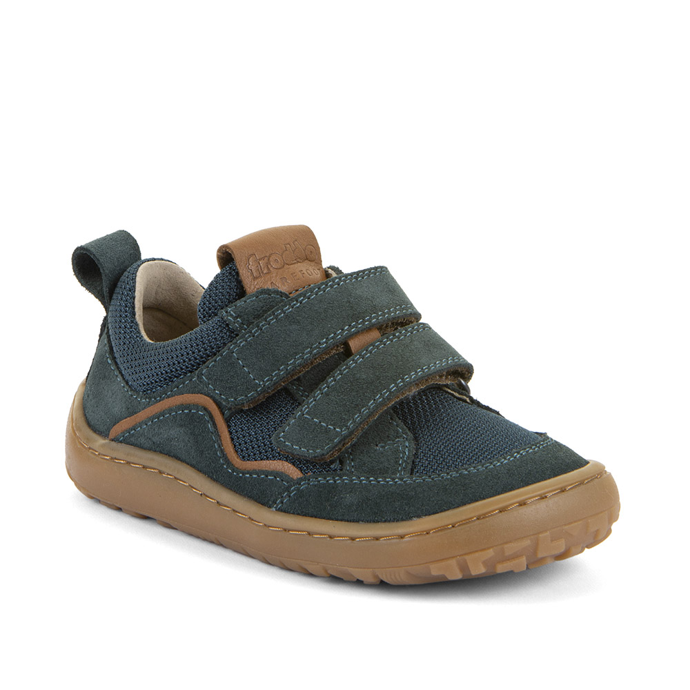 Baskets barefoot Froddo Baze Petroleum : barefoot enfant en cuir et textile déperlants, semelle flexible zéro drop, deux scratchs. Tailles 26 à 33 - Etoiles en portage