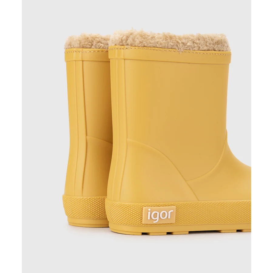 Bottes pluie barefoot IGOR Yogi Borreguito Amarillo : souples, zéro drop et fourrées, petits pieds au chaud et orteils libres. Pour l'école et la crèche - Etoiles en portage