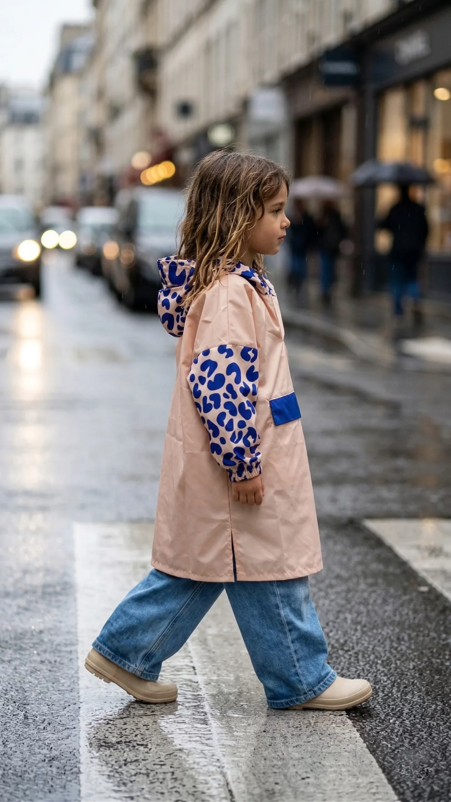 Poncho pluie enfant POULE PARTY Blue Leo imperméable 10 000 mm et coupe-vent. Polyester recyclé GRS, capuche et pliage compact.