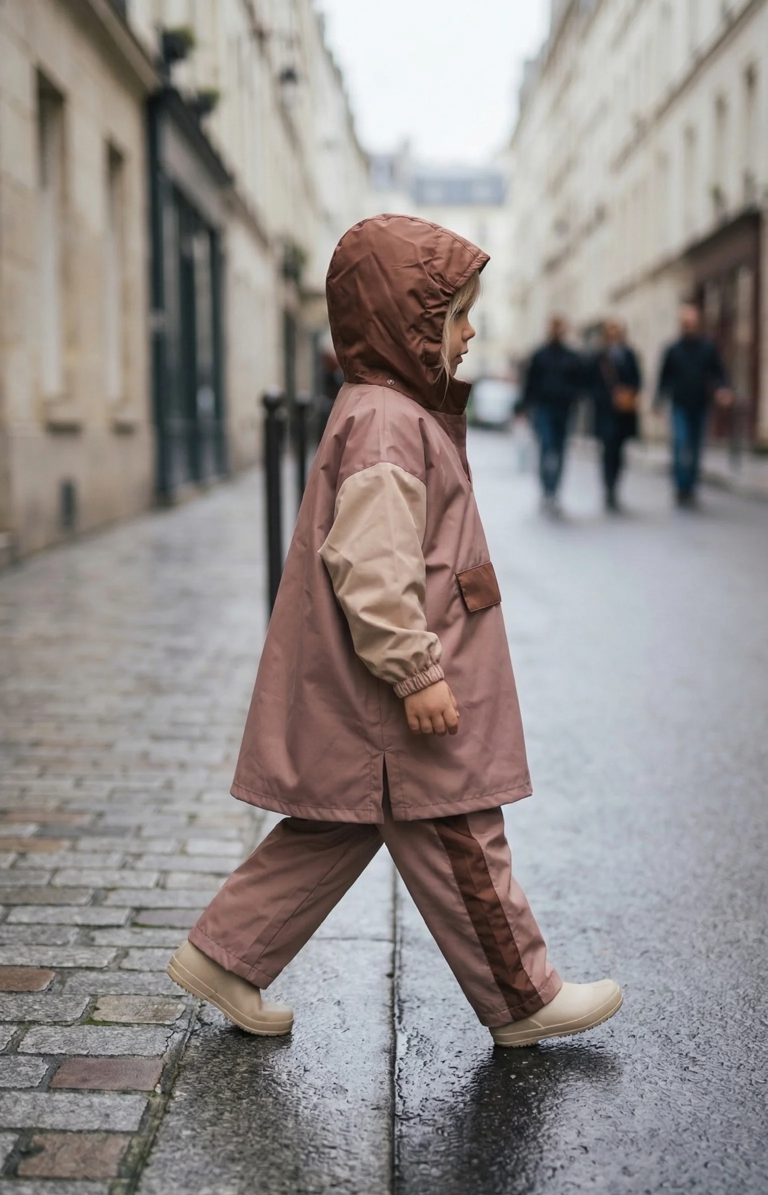Poncho pluie enfant POULE PARTY Brown Blush imperméable 10 000 mm et coupe-vent. Polyester recyclé GRS, capuche et pochette compacte - Etoiles en portage