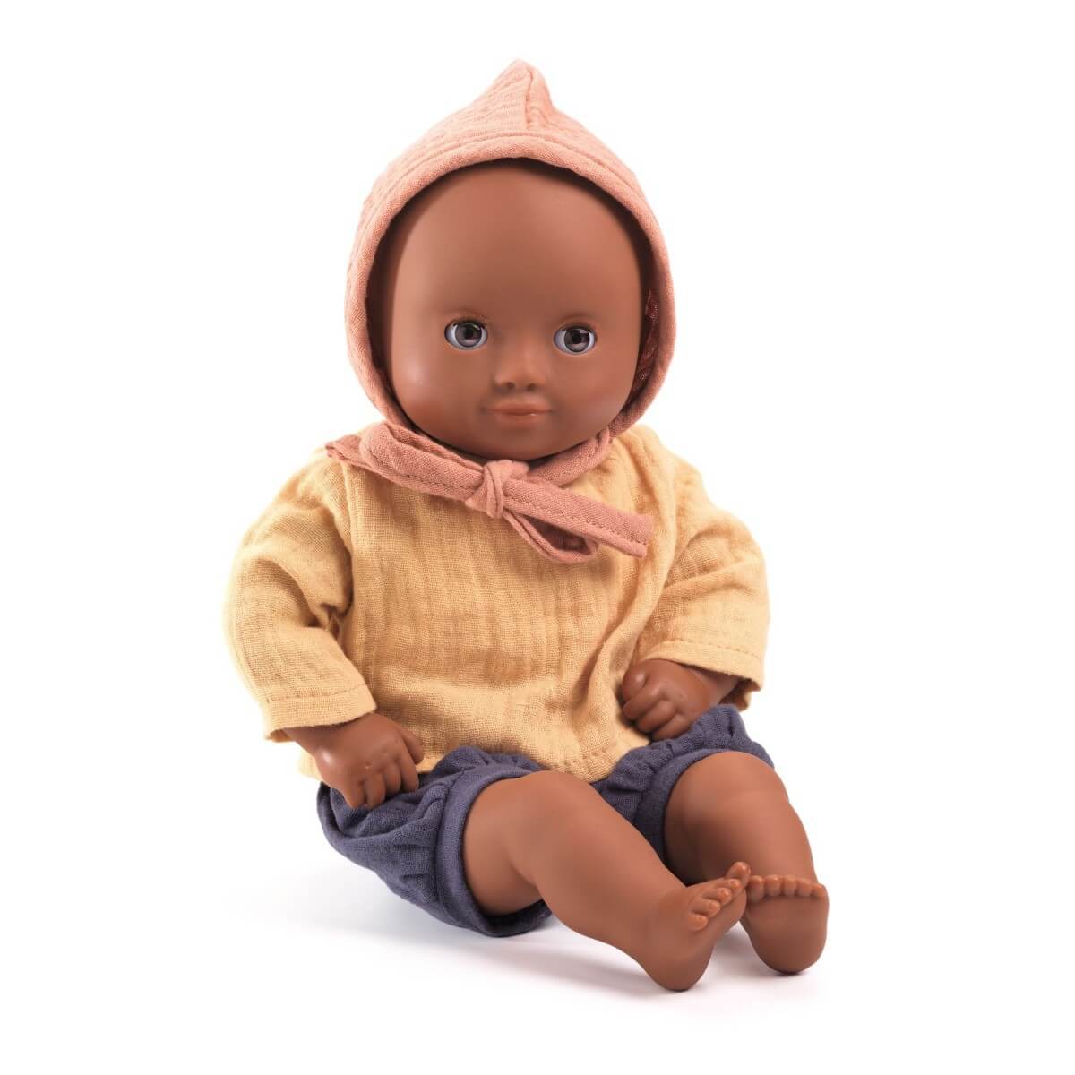 Poupée DJECO Baby Mimosa : poupon 32 cm dès 18 mois. Corps souple, yeux dormeurs, tenue double gaze de coton. Jouer, câliner et imaginer - Etoiles en portage