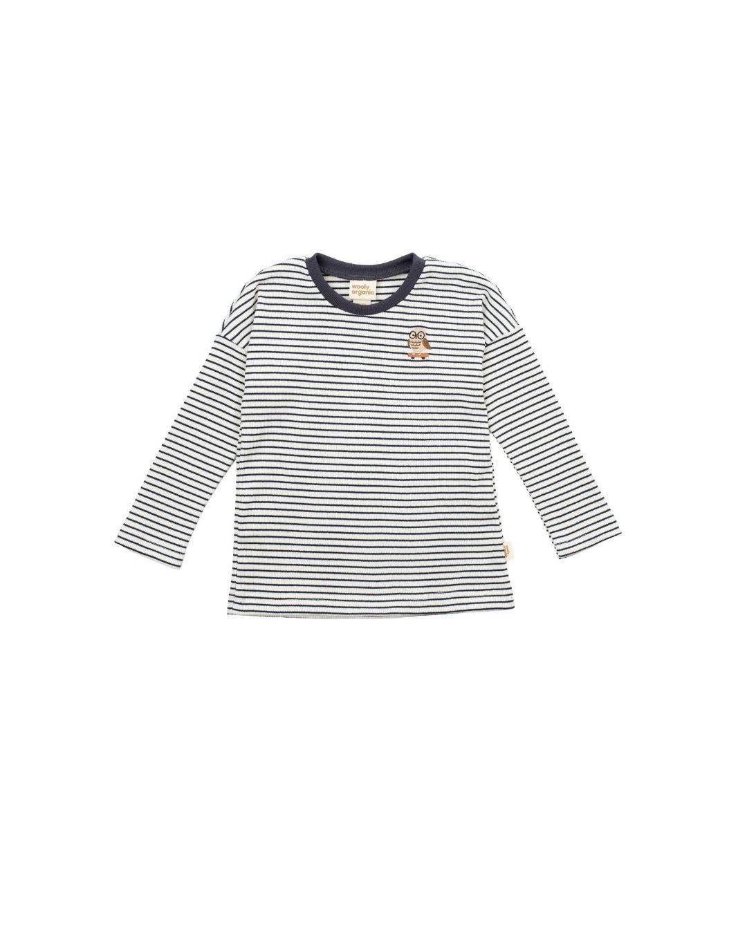 T-shirt enfant WOOLY ORGANIC Hibou en coton biologique GOTS. Rayures bleu et blanc et broderie hibou sur skateboard, doux et respirant - Etoiles en portage