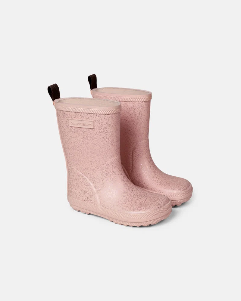 Bottes pluie barefoot BUNDGAARD Charly Old Rose Sparkle en caoutchouc naturel, souples et larges à l'avant, pour les enfants qui marchent déjà - Etoiles en portage