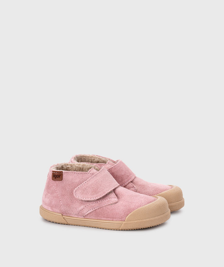Bottines barefoot IGOR Tui Borrego Rosa : cuir suédé rose, doublure chaude effet mouton, semelle souple zéro drop et fermeture scratch - Etoiles en portage