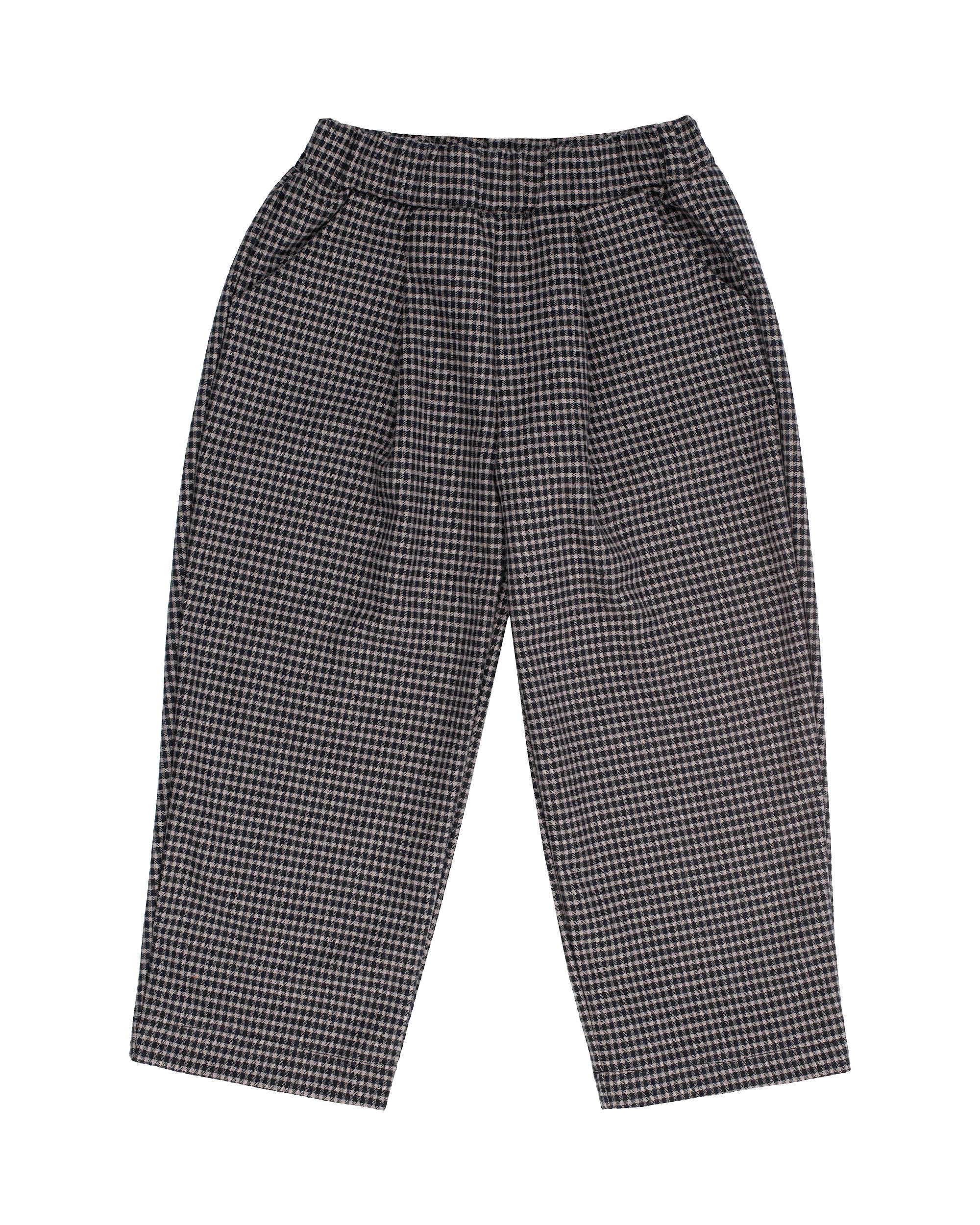 Pantalon enfant WOOLY ORGANIC Checks en coton bio GOTS. Coupe décontractée, taille élastiquée et motif à petits carreaux noirs - Etoiles en portage