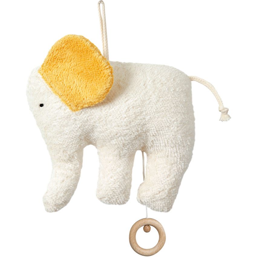 Peluche musicale Eléphant EFIE : coton bio GOTS et laine, avec anneau en hêtre non traité. Fabriqué en Allemagne. Cadeau de naissance naturel - Etoiles en portage