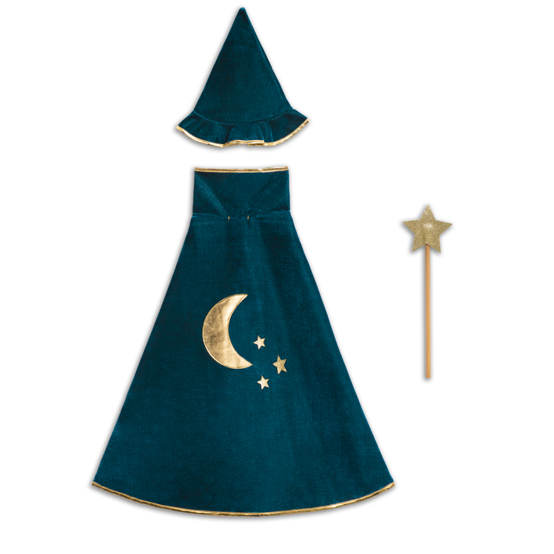 Set magicien RATATAM cape bleu canard doublée de doré, chapeau et baguette magique. Taille unique, idéal de 3 à 10 ans - Etoiles en portage