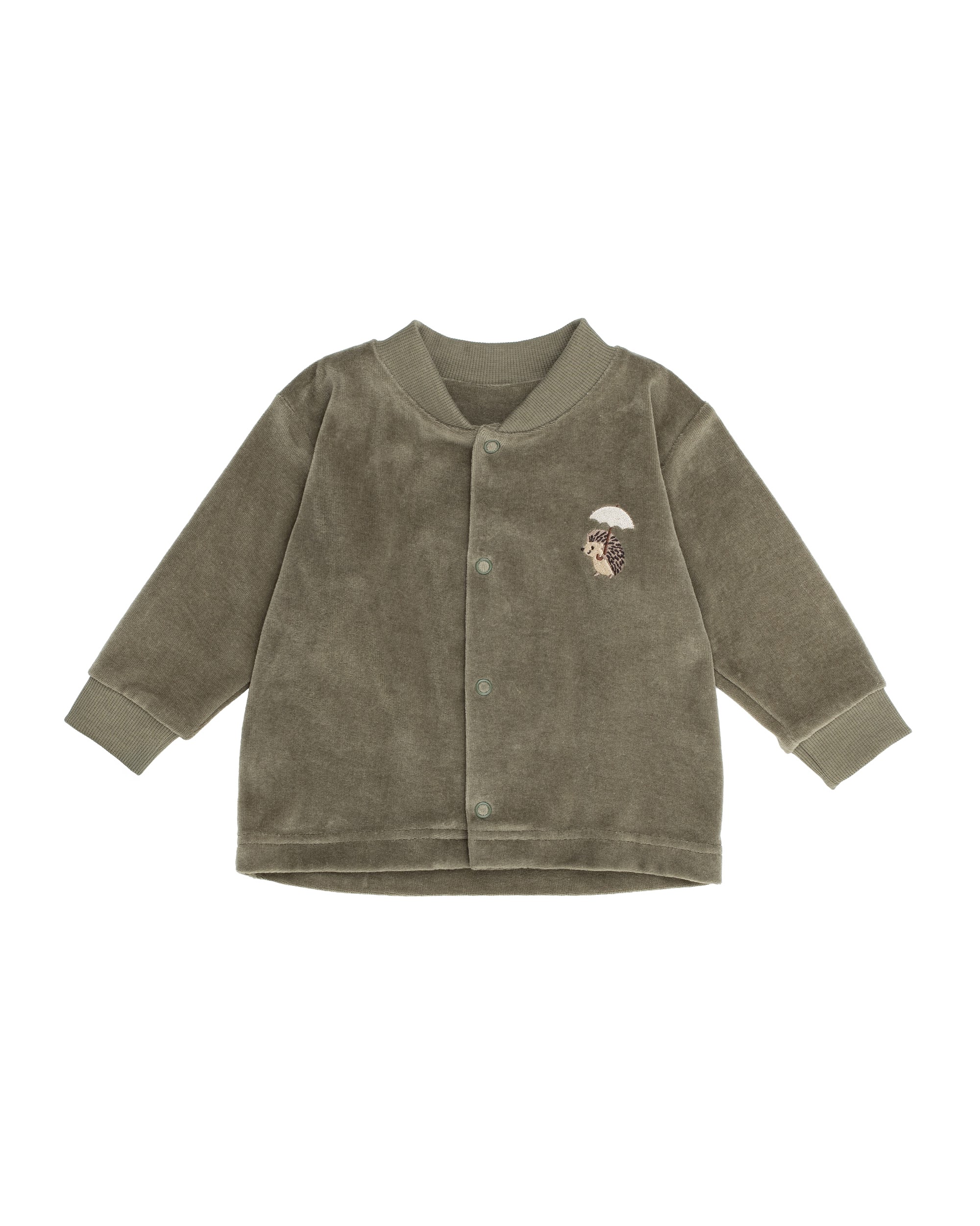 Veste bébé velours WOOLY ORGANIC Khaki 100 % coton bio GOTS. Douce et confortable, avec adorable hérisson brodé. Fabriquée en Lettonie - Etoiles en portage