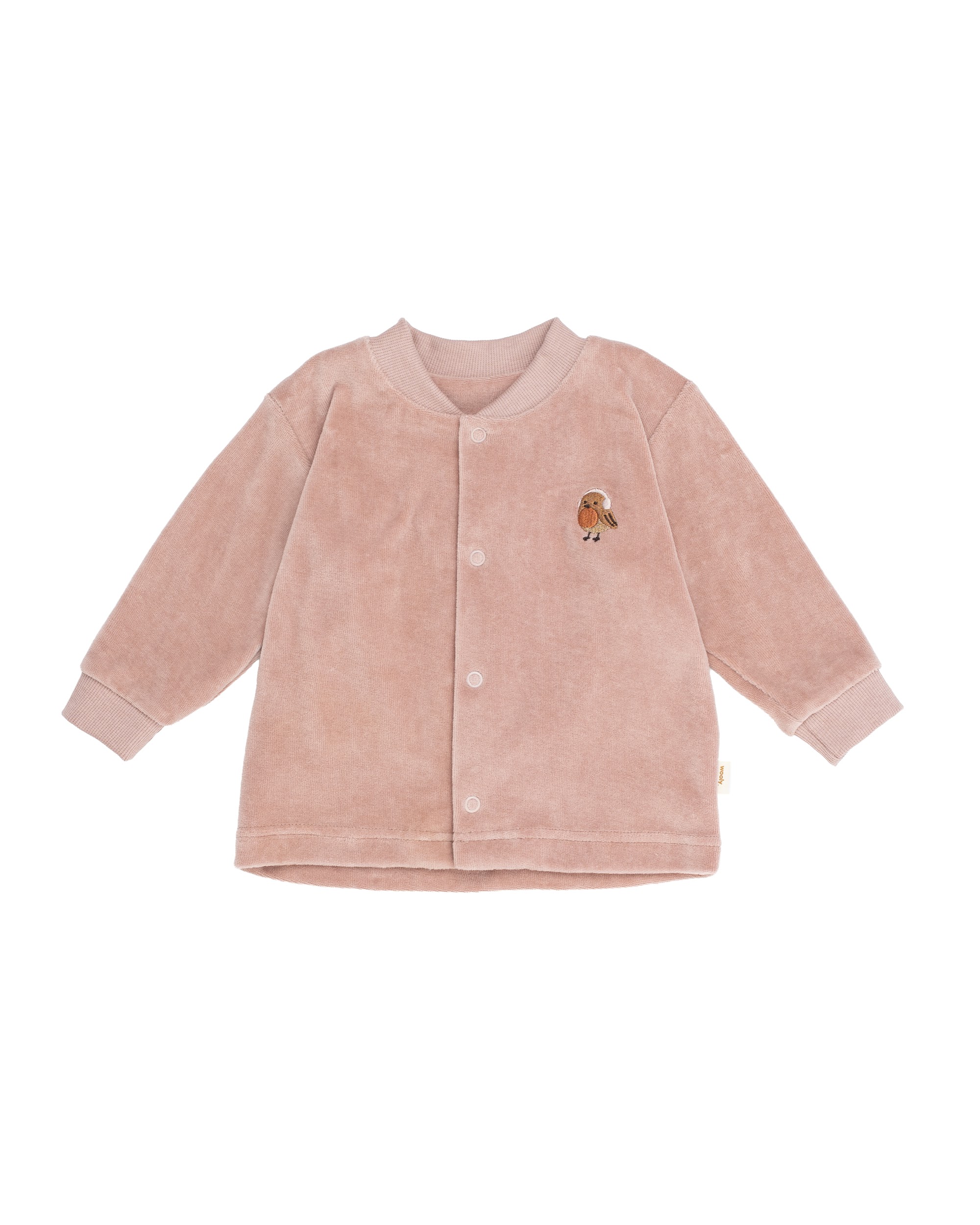 Veste bébé velours WOOLY ORGANIC Rose en 100 % coton bio GOTS, avec adorable rouge-gorge brodé. Douce et fabriquée en Lettonie - Etoiles en portage